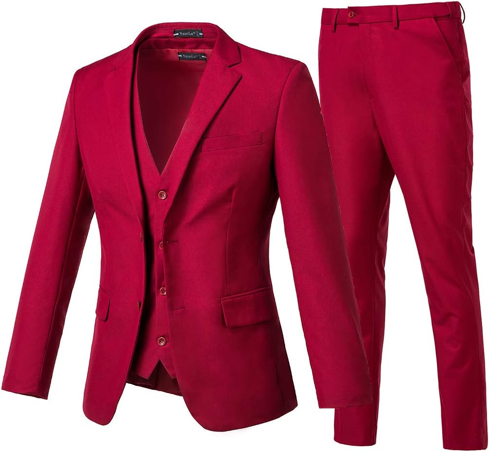 Yanlu Red Men's 3-Piece Suit Set - Slim Fit, Solid, Button Closure - Prom, Wedding, Business
