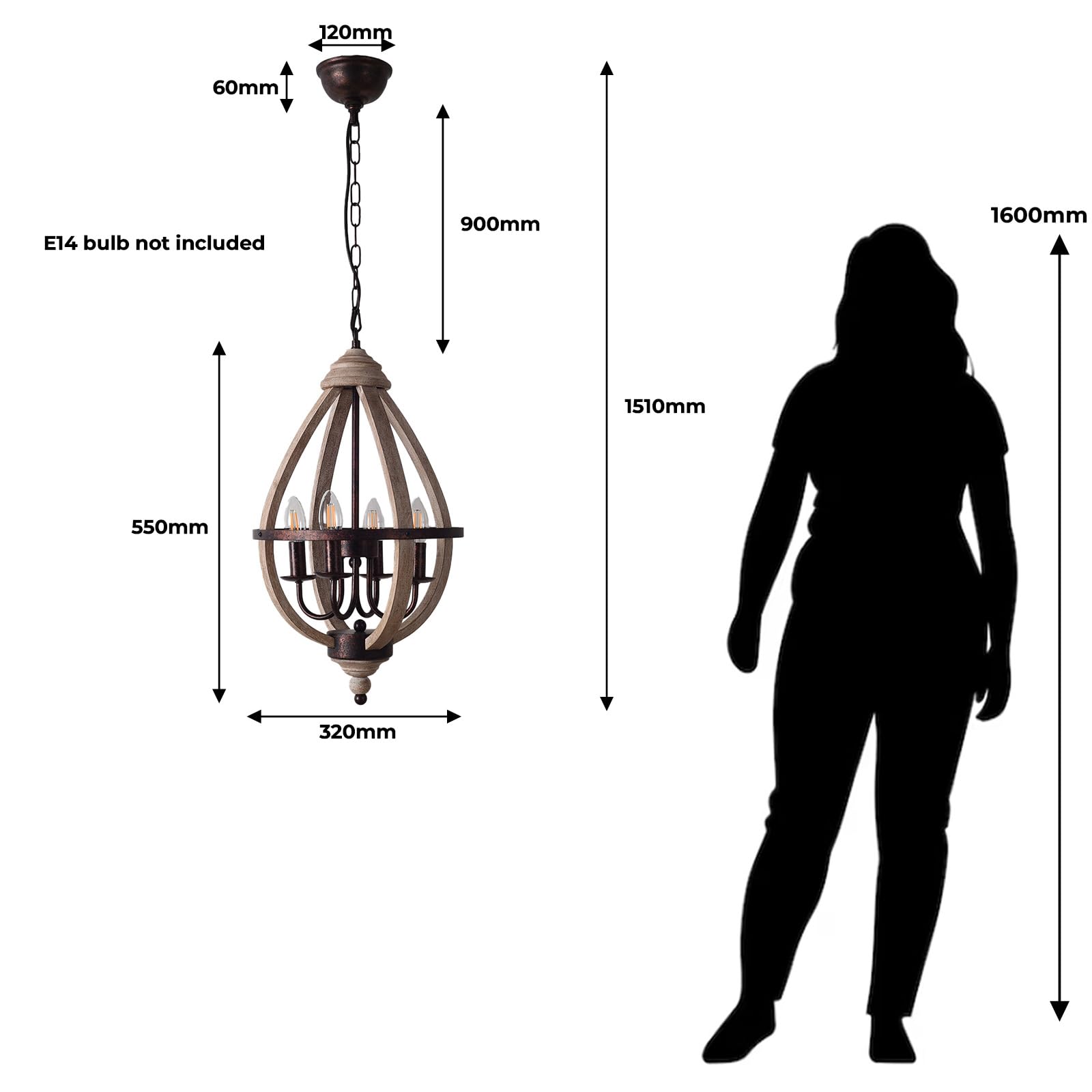 Alpinaluz Lampa Wisząca 4x E14 z Naturalnego Drewna z Łańcuchem | Drewno i metal w rdzawej optyce, Ø32 x 55 cm, regulowany łańcuch 90 cm, włącznik ścienny, do jadalni lub holu