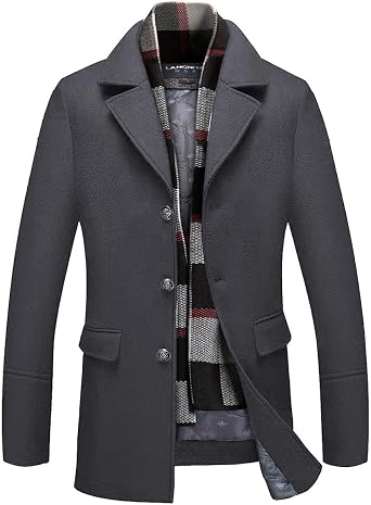 INVACHI Mens Wool Blend Coat Winter Trench Coat with Detachable Soft Scarf Single Breasted Overcoat