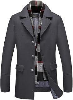 INVACHI Men's Wool Blend Trench Coat Single Breasted Dress Coat Pea Coat
