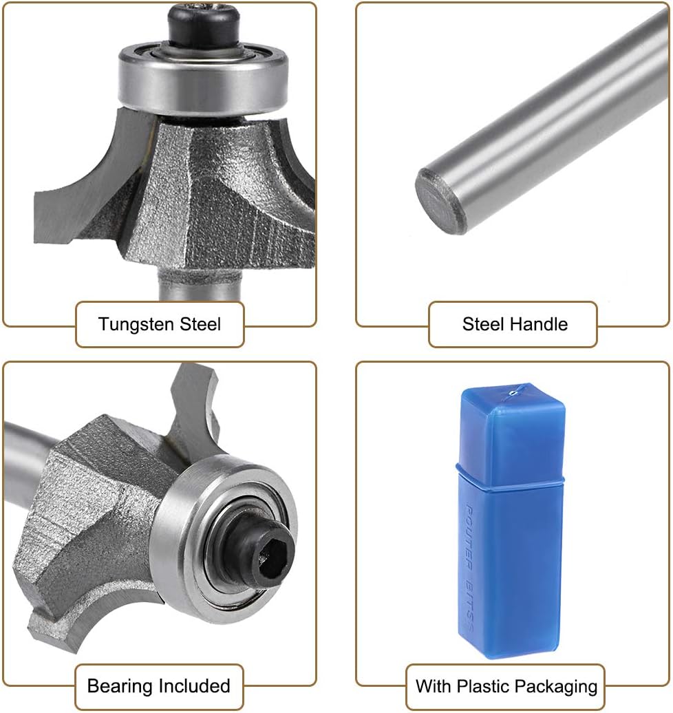 sourcing map Router Bit 1/4 Inch Shank 1/2 Inch Cut Dia Round Over Corner 2Flutes Tungsten Steel for Woodworking Milling Cutter Tool 2pcs - Image 5