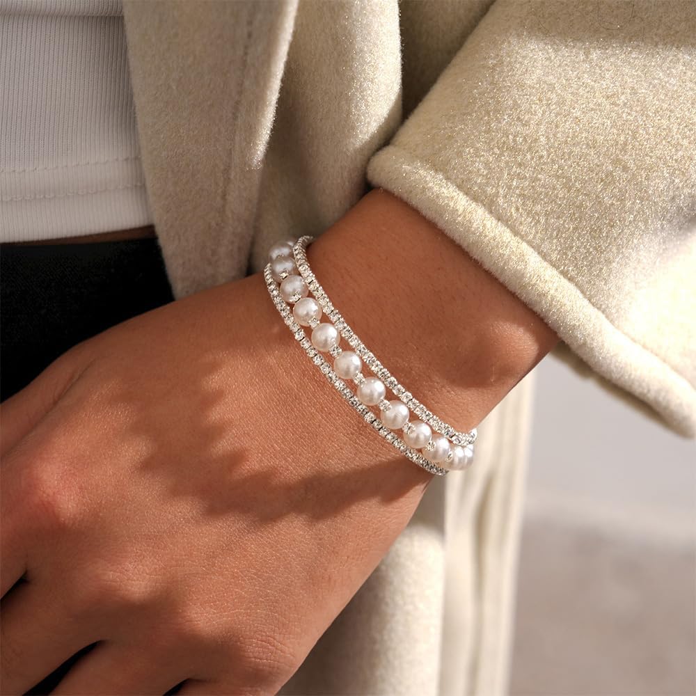 Silver Pearl Bracelet for Women Sparkly Stretch Rhinestone and Pearls Bangle Cuff Adjustable Faux Diamond CZ Bracelets Bling Wedding Costume Jewelry - Image 3