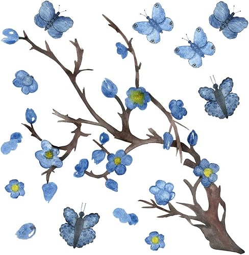 Composición floral romántica natural para sala de estar y dormitorio, rodeado de árboles, ramas, flores azules y calcomanías de pared de mariposas,