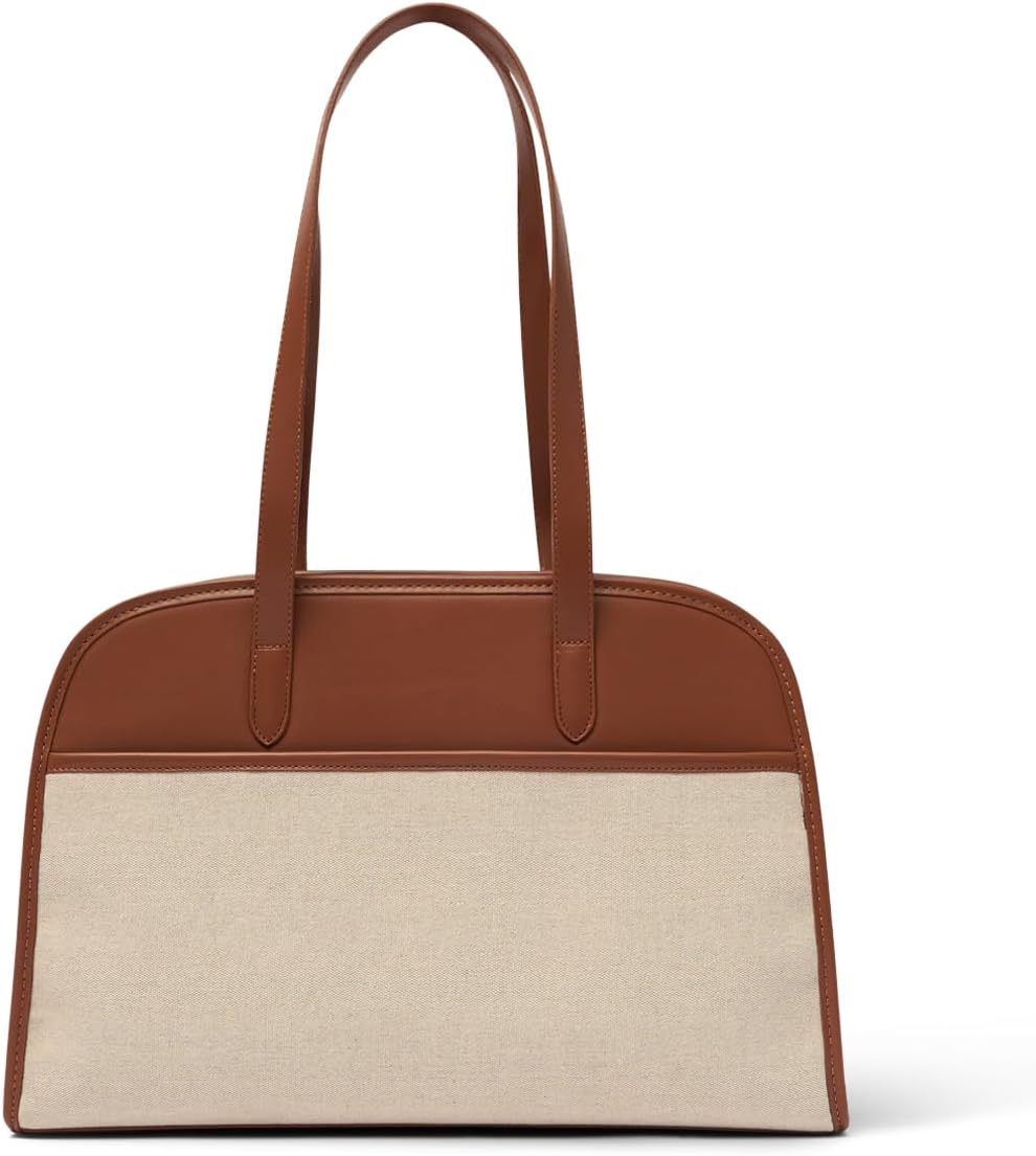 Work Tote Bags for Women 15.6 Inch - Canvas Leather Computer Bag with Zip Compartments - Briefcase for Women Professional Office Purse - Brown + Beige