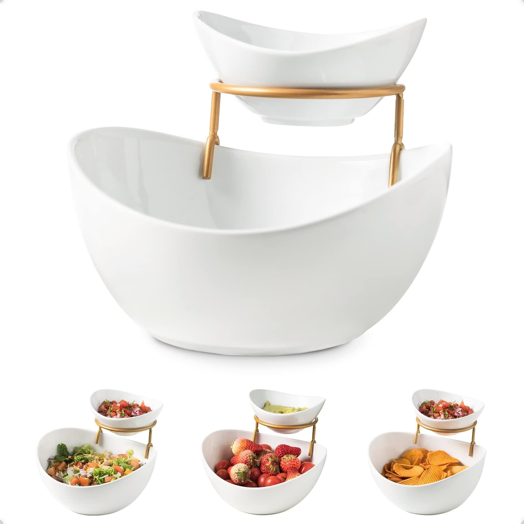 YHOSSEUN Chip and Dip Serving Set 2 Tiered Chip Dip Bowls with Metal Rack for Appetizer, Snacks - Large Chip Bowl 45 oz Small Dip Bowl 7 oz-Serving Bowls for Party, Food Dispaly - Gold Stand