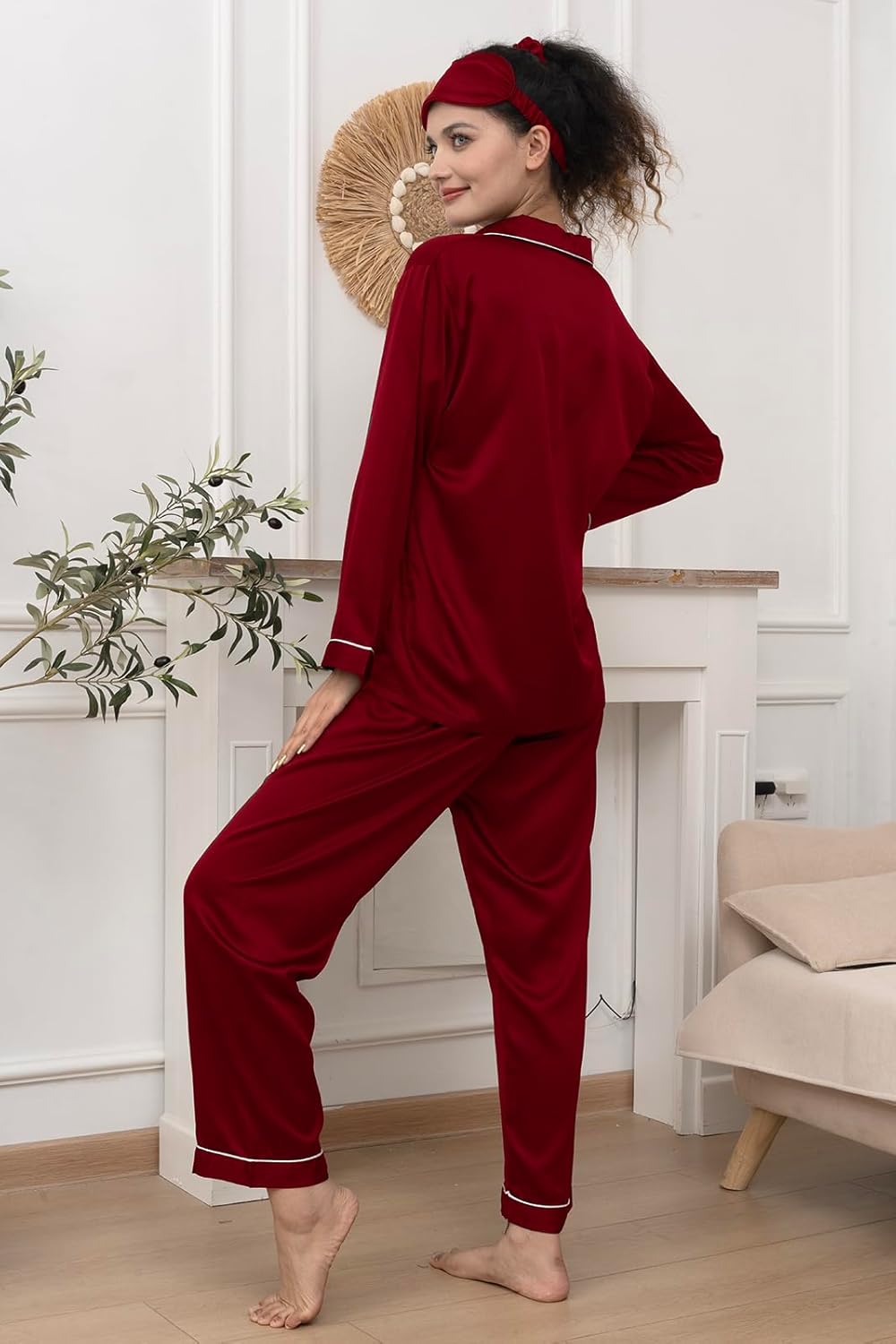 Womens Pajama Set Silk Satin Pajamas Long 2pc Pjs Button Down Sleepwear Pj Set Loungewear - Image 3