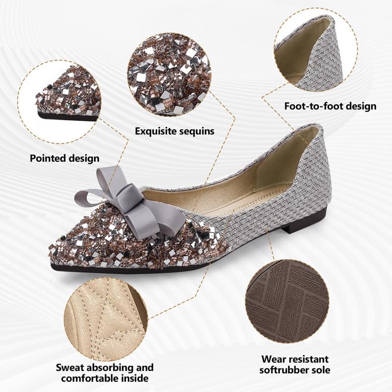 Women's Pointed Rhinestone Flat Shoes Glitter Flowers Wedding Comfortable Dress Shoes 10 Apricot4