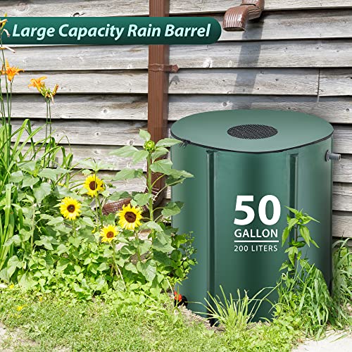 Azaeahom 50 Gallon Filtrable Rain Barrel, Collapsible Portable Water Storage Tank, Garden Water Barrel with Drain Pipe and Flood Valve, Thickened Material & Stable for Car Wash, Warm House, Green - Thumbnail 2