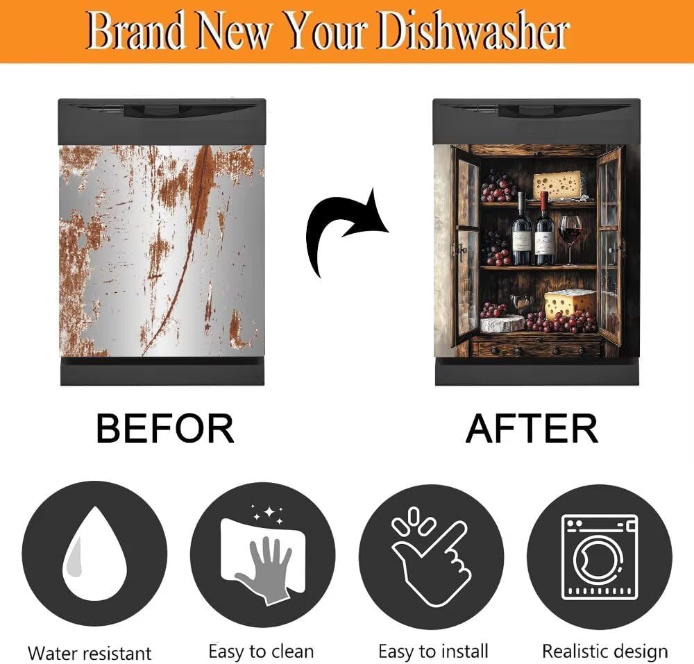 Wine Bottles Dishwasher Magnet Cover Grape and Wine Front Dishwasher Cover Magnetic Vintage Home Cabinet Decals Retro Appliances Stickers Refrigerator Decorative