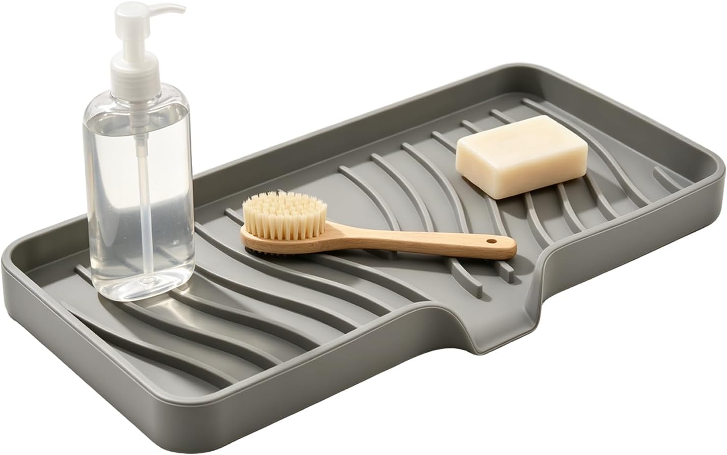 Silicone Sponge Holder for Kitchen Sink, 10" x 5.2" Sink Caddy with Sloped Drain Design, Self-Draining Soap Tray for Kitchen Accessories, Bathroom and Laundry (Gray)