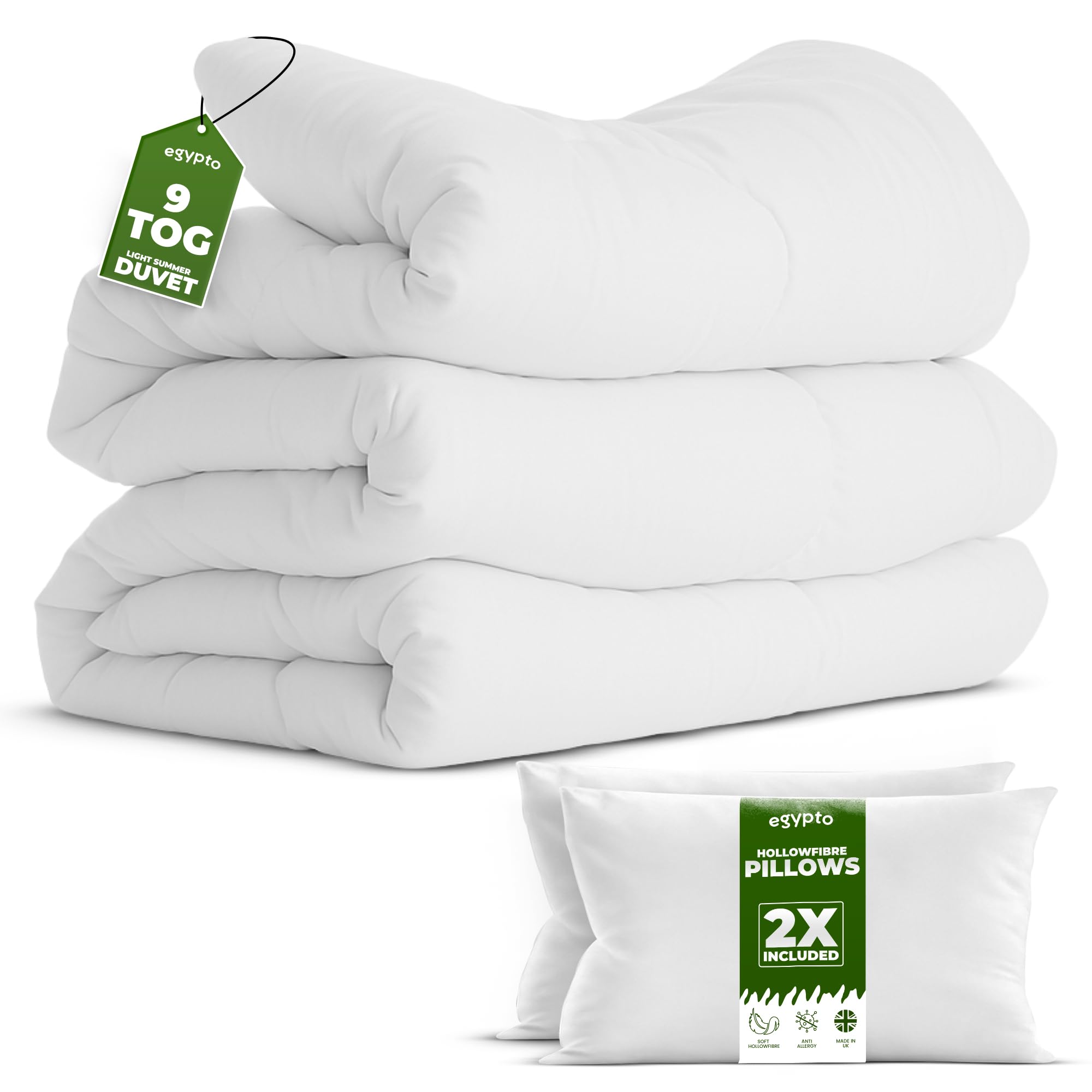 EGYPTO Hollowfibre 9 Tog Duvet Quilt & Pillow Set – Single Bed Duvet Set with Soft Polyproplane Cover – All Year Round Anti Allergy Protection – Lightweight & Breathable Comforter (Single, 9 Tog)