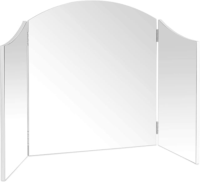 Beautify Makeup Mirror, Large Dressing Table Bevelled Beauty Mirror, Tri-Fold Adjustable Vanity Mirror, Free-Standing Tabletop Cosmetic Mirror w/Swing Hinges, Professional Hair & Makeup Mirror