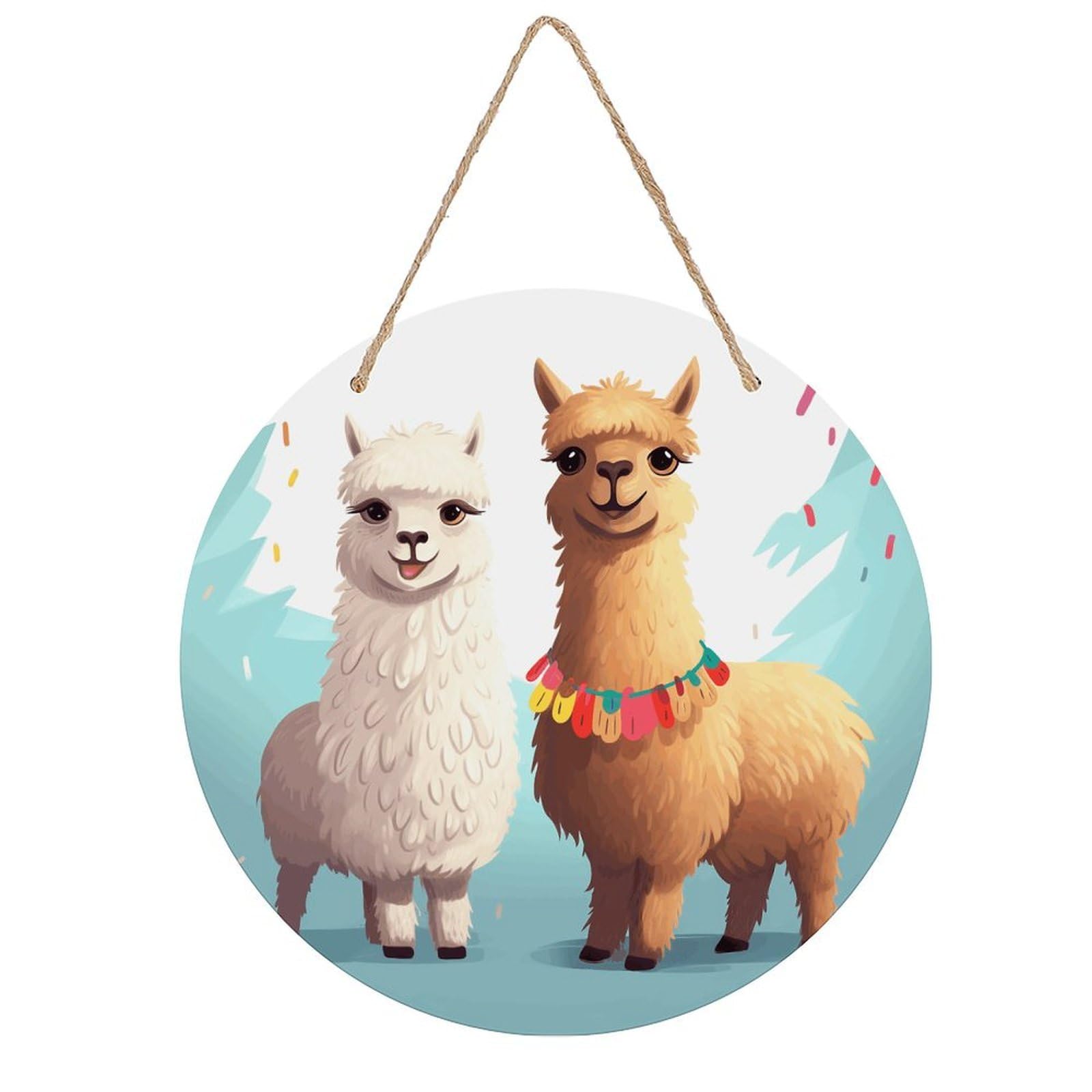 VstaDank Llama Alpaca Wall Art Decor with Ropes Wooden Hanging Sign Hanging Wall Decor Artwork Round Wood Painting Modern Wall Prints Decor Picture for Office Bar Home Decors