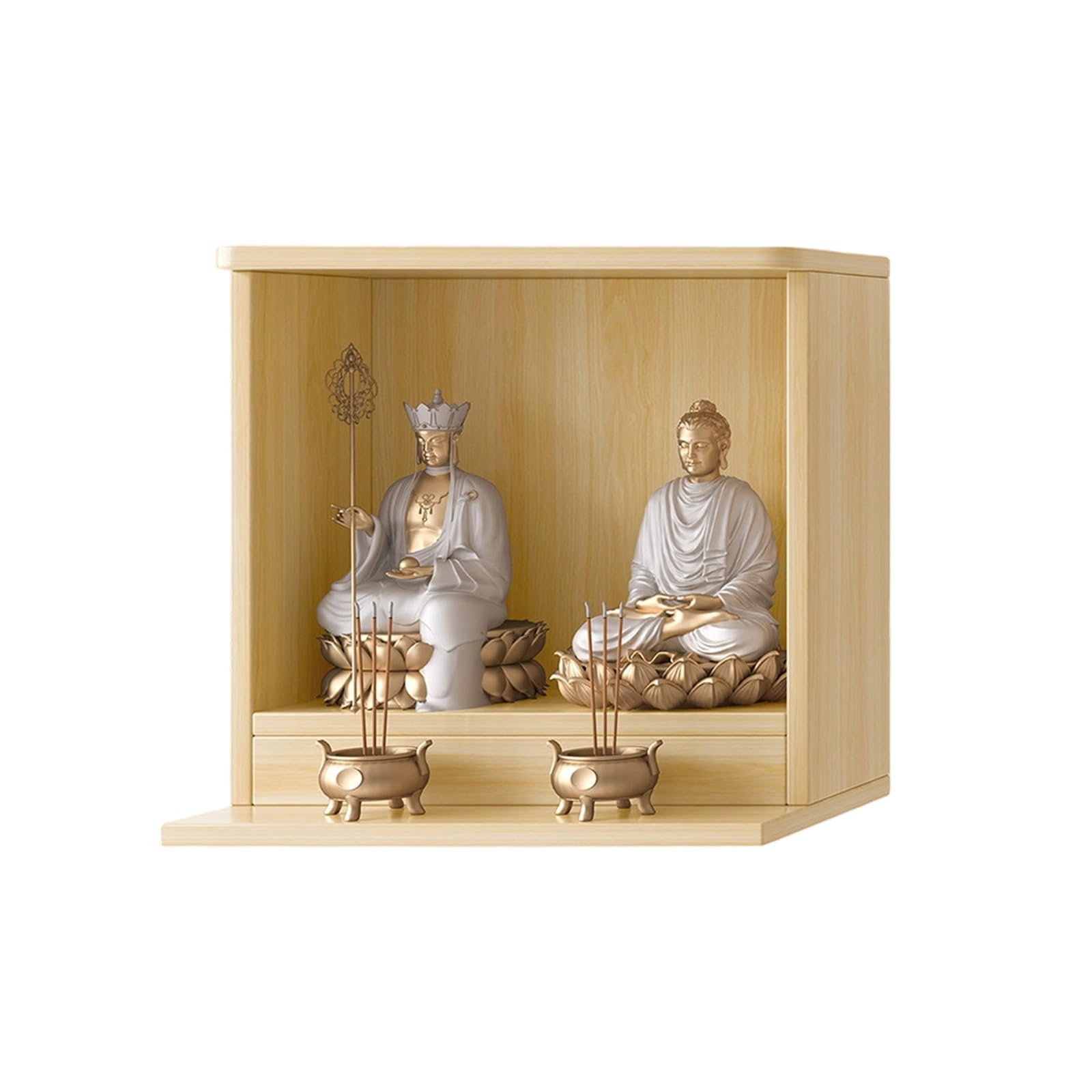 JNTFNE Wall Mounted Buddha Shrine Altar Cabinet, 17mm Thick Wood Prayer Table with Extended Tray, Feng Shui Worship for Home & God Statue Display(Wood,XL Raised Base)