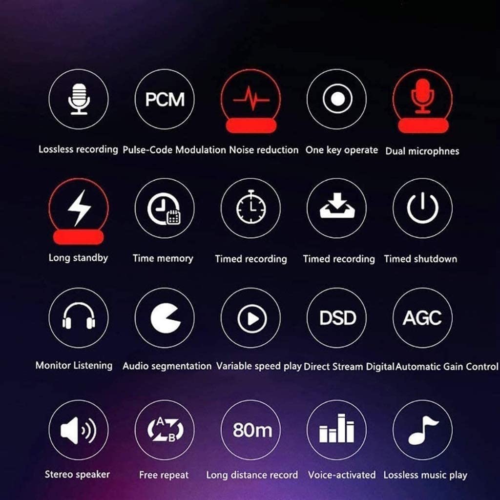 Cyfrowy dyktafon głosowy, dyktafon HD audio z odtwarzaniem, redukcją szumów, MP3, akumulator wielokrotnego ładowania na spotkania/wykłady/wywiady/lekcje (32 GB) ()