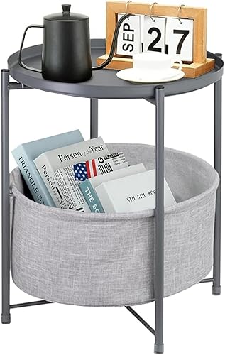 Mesas auxiliares redondas con cesta de almacenamiento, mesa auxiliar de metal, mesita de noche pequeña, color gris Gris,Rosado,Blanco