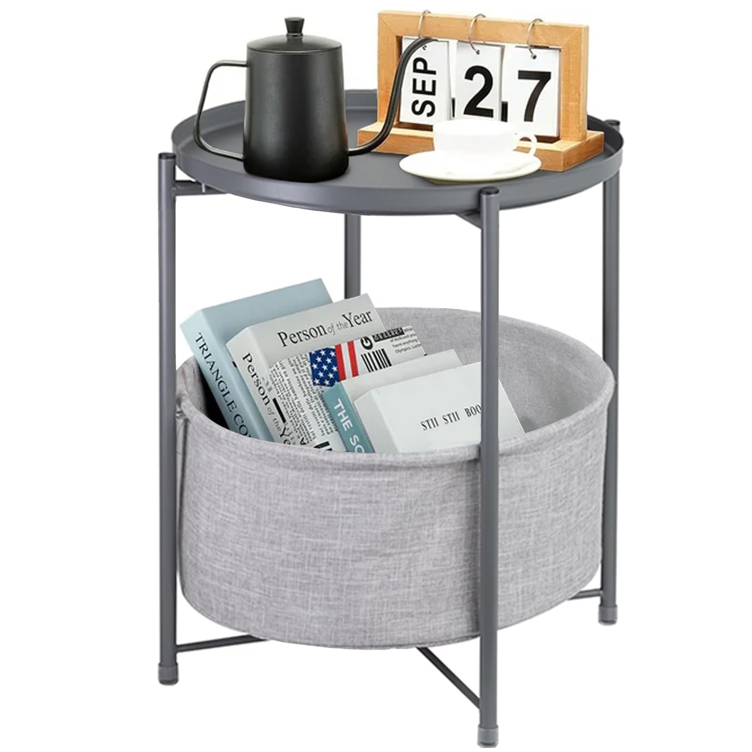 Round End Tables with Storage Basket, Metal Side Table Nightstand Small Bedside Table, Grey