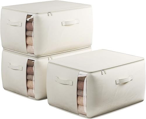 Miniatura 1 de Bolsas grandes de lona para almacenamiento de ropa con asas gruesas y ventana transparente, organizador plegable de lino de algodón para ropa,