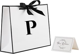 STOBOCTER Initial Gift Bags with Handles and Bow Ribbon 12.6"x10" Personalized Letter Gift Bags Birthday Gift Bag for Women Men Reusable Gift Wrap Bag for Mothers Day Wedding Graduation (P-Medium)