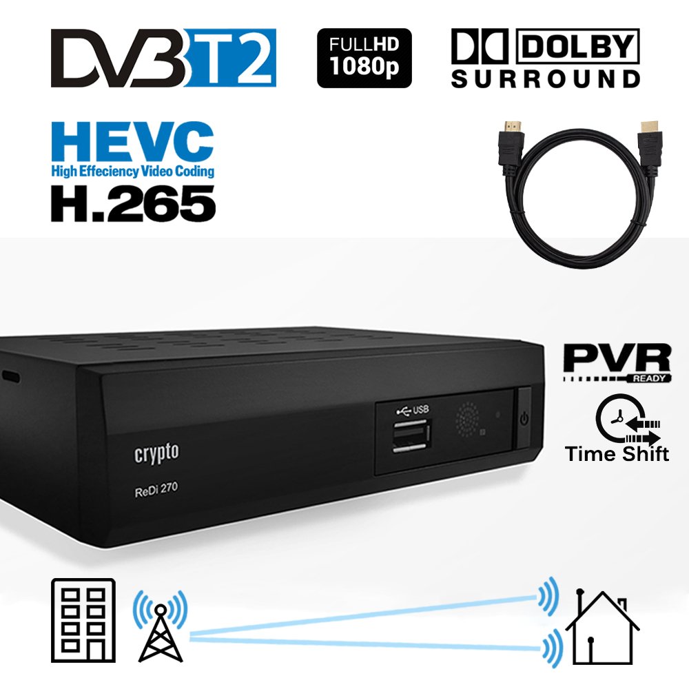 Crypto ReDi 270PH 1080P Full HD 1080P DVB-T2 HEVC Decoder Digitale  Ricevitore Terrestre sistema Dolby Lettore multemediale (H.265/ MPEG-2/4/  HDMI/SCART/PVR/TIMESHIFT) e cavo HDMI 1M nero : Amazon.it: Elettronica