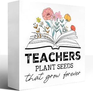 LVQHI Inspirational Sign Shelves Decor for Teachers, Teachers Plant Seeds That Grow Forever Wood Box Sign, Teachers Office Cubicle Desk Shelf Decoration 5"W x 5"L x 1.2"H