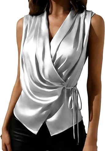 Womens Sleeveless Satin Tank Wrap V Neck Shirts Tie Side Summer Tops V Neck Ruched Front Top Elegant Cami Tops
