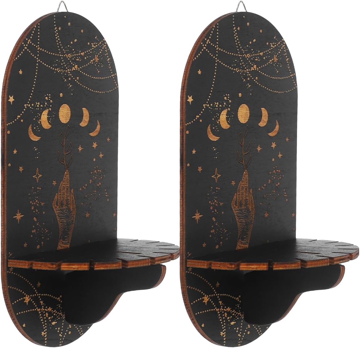 PRETYZOOM 2pcs Wooden Crystal Display Shelf, Boho Style Wall Mounted Rack, Witchy Sun Moon Floating Stand for Phase Crystals, Sphere Stones, Essential Oil