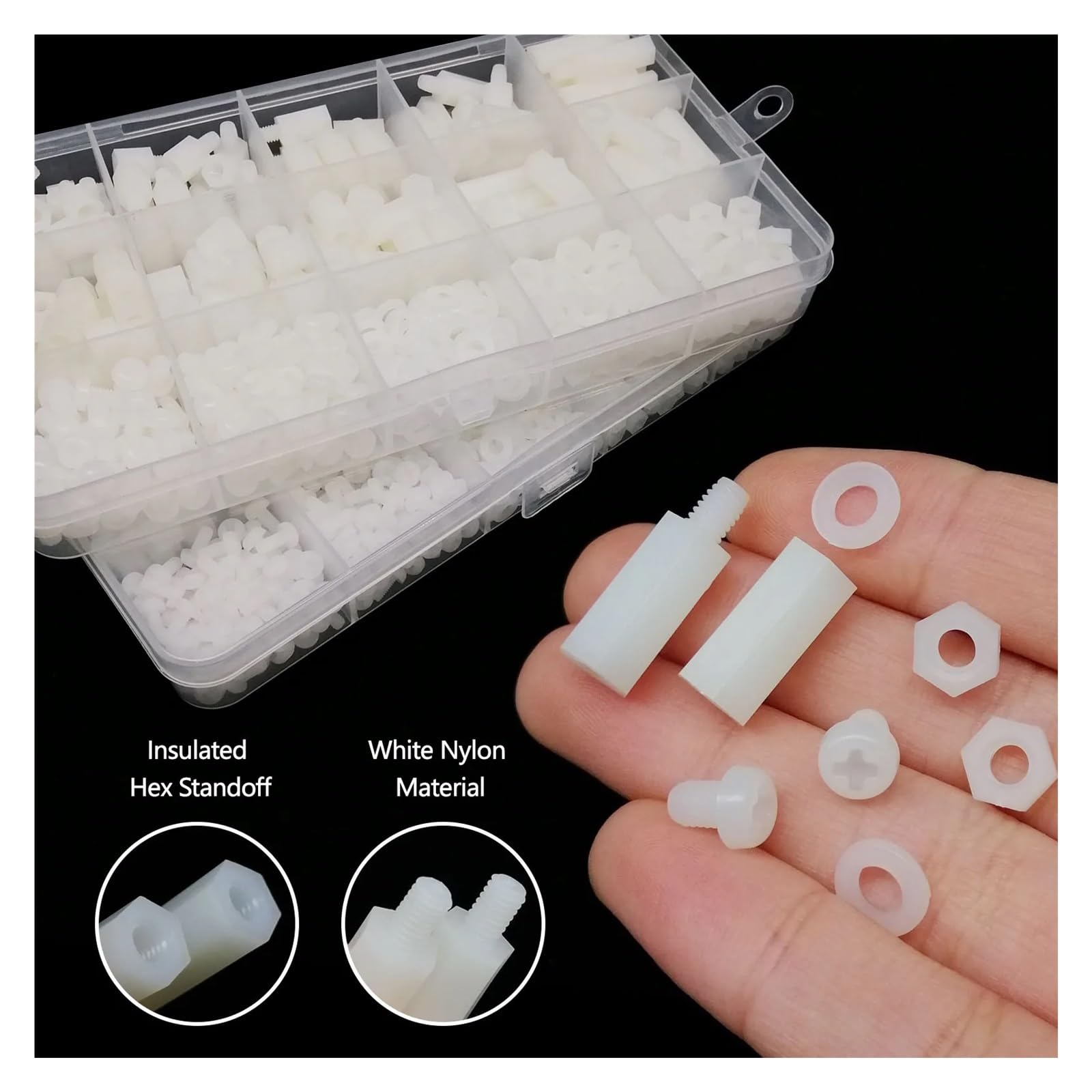 1 Scatola di distanziali esagonali isolati in Nylon, distanziali esagonali, Viti, Dadi e rondelle, Kit assortimento M2, M2,5, M3, M4, plastica Bianca(M2 1300pcs)