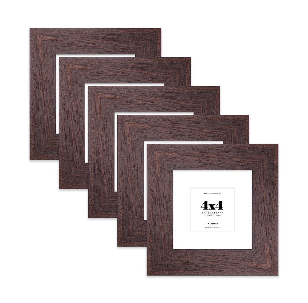 4x4" Walnut Square Frame With Mount for 2x2" Pictures 28mm Edge Frame Display with Wall Hooks and Kickstand, 5 Pack