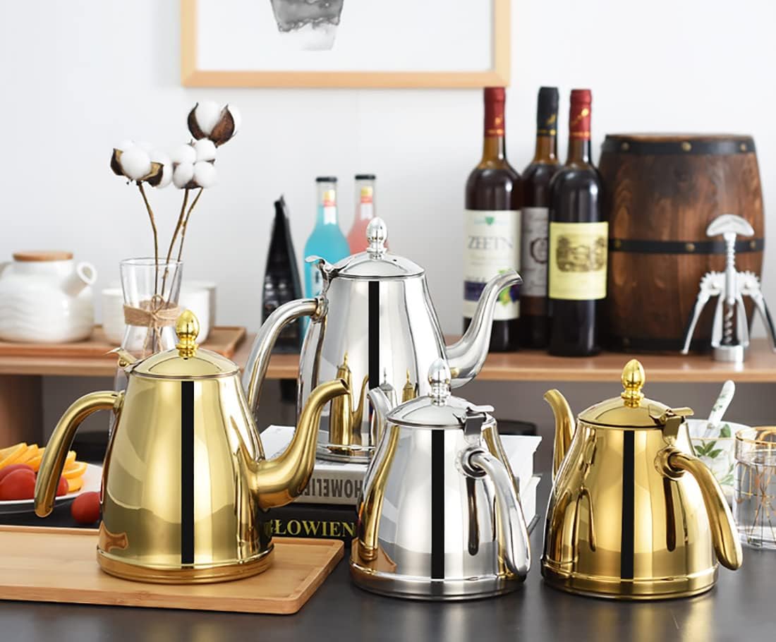 Gooseneck Kettle Stainless Steel Tea Kettle Whistling Teapot Water Boiling Kettle Coffee Carafe Beverage Pitcher Water Carafe Jug for Stovetop (2L, Gold)