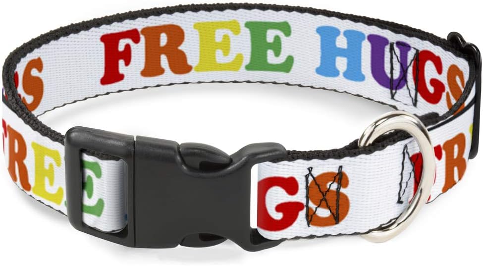 Buckle-Down Plastic Clip Collar - FREE HUGS White/Multi Color - 1.5" Wide - Fits 13-18" Neck - Small