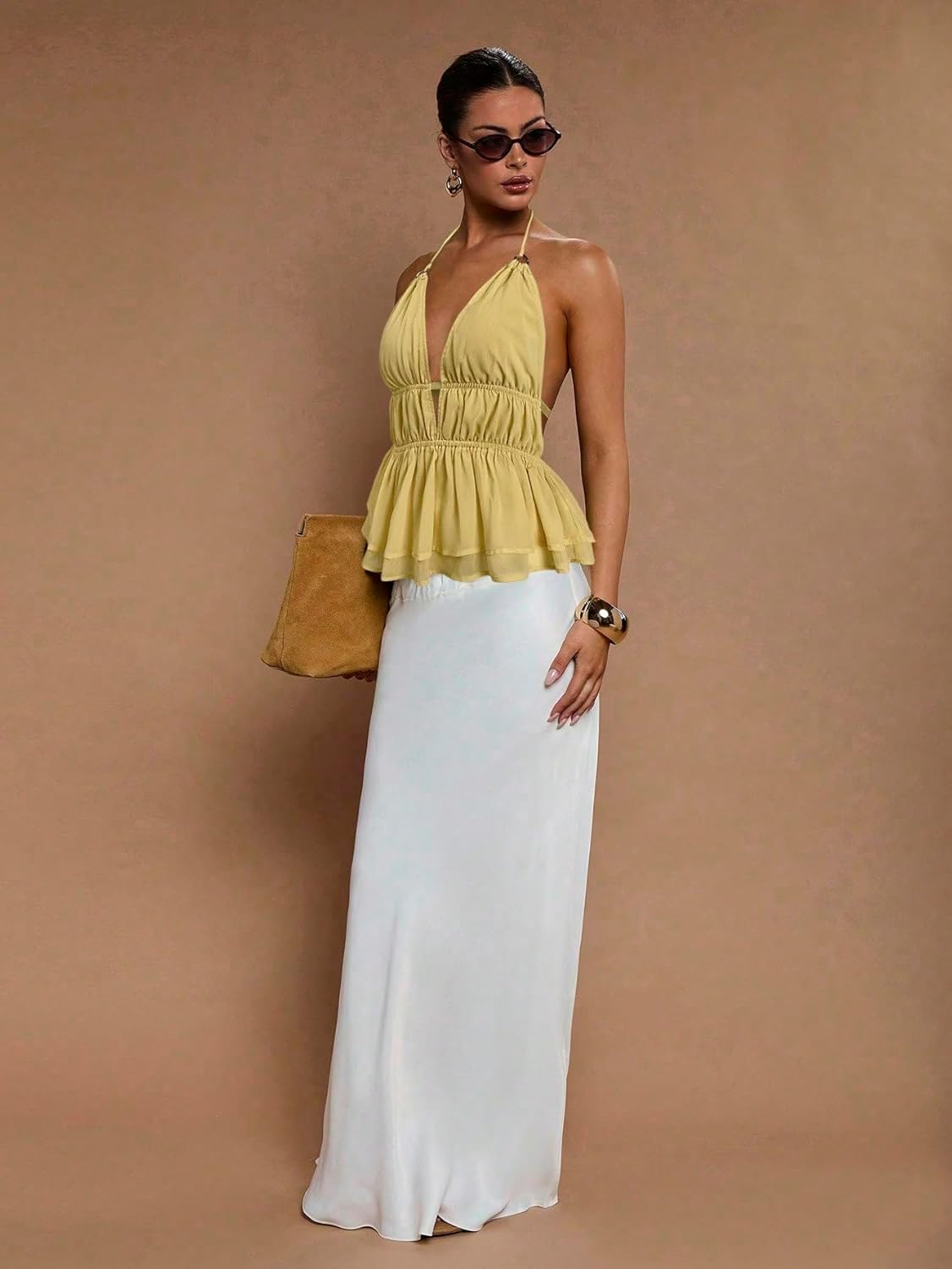 SweatyRocks Women's Deep V Neck Peplum Halter Top Y2k Sexy Backless Ruffle Tops Club Outfits - Image 6