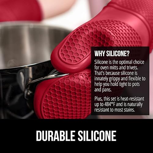 Miniatura 3 de Gorilla Grip Juego de 4 guantes de horno de silicona resistentes al calor y antideslizantes, impermeables, guantes forrados de algodón, sin BPA,