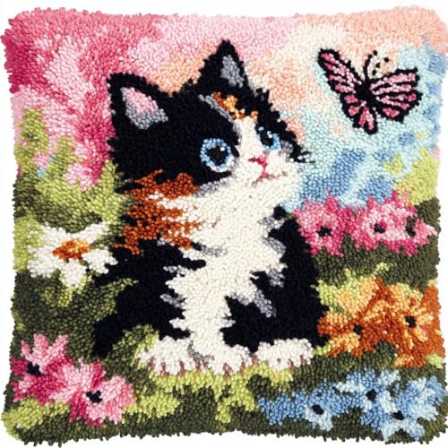 Kit de cojín de gancho de pestillo Henypt de 43x43 cm con diseño de gatos y mariposas