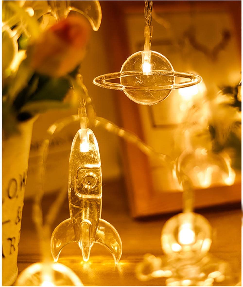 Kreative Lichterkette mit Astronauten-Raumschiff und Rakete | Batteriebetriebene Dekolampe for Kinderzimmer | for Feiertage(Warm White,9.8FT(20LED))