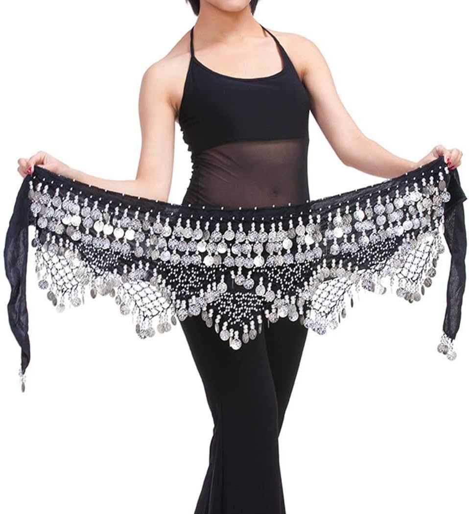 Zoestar Belly Dance Skirt Silver Coins Hip Scarf Multiplayer Hip Scarves Skirt Costume Performance Party Triangular Belly Dancing Belt for Women and Girls