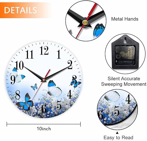 Miniatura 2 de Mxocom Reloj de pared de ramo de flores, mariposa y hortensias azules y blancas, 10 pulgadas, silencioso, sin tictac, funciona con pilas, reloj