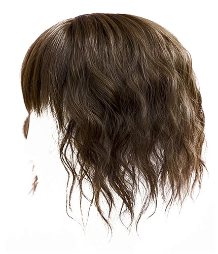 LXUE Extensiones de pelo rizado con flequillo para mujer, suave sintético con clip para cabello fino, 10 pulgadas, marrón oscuro