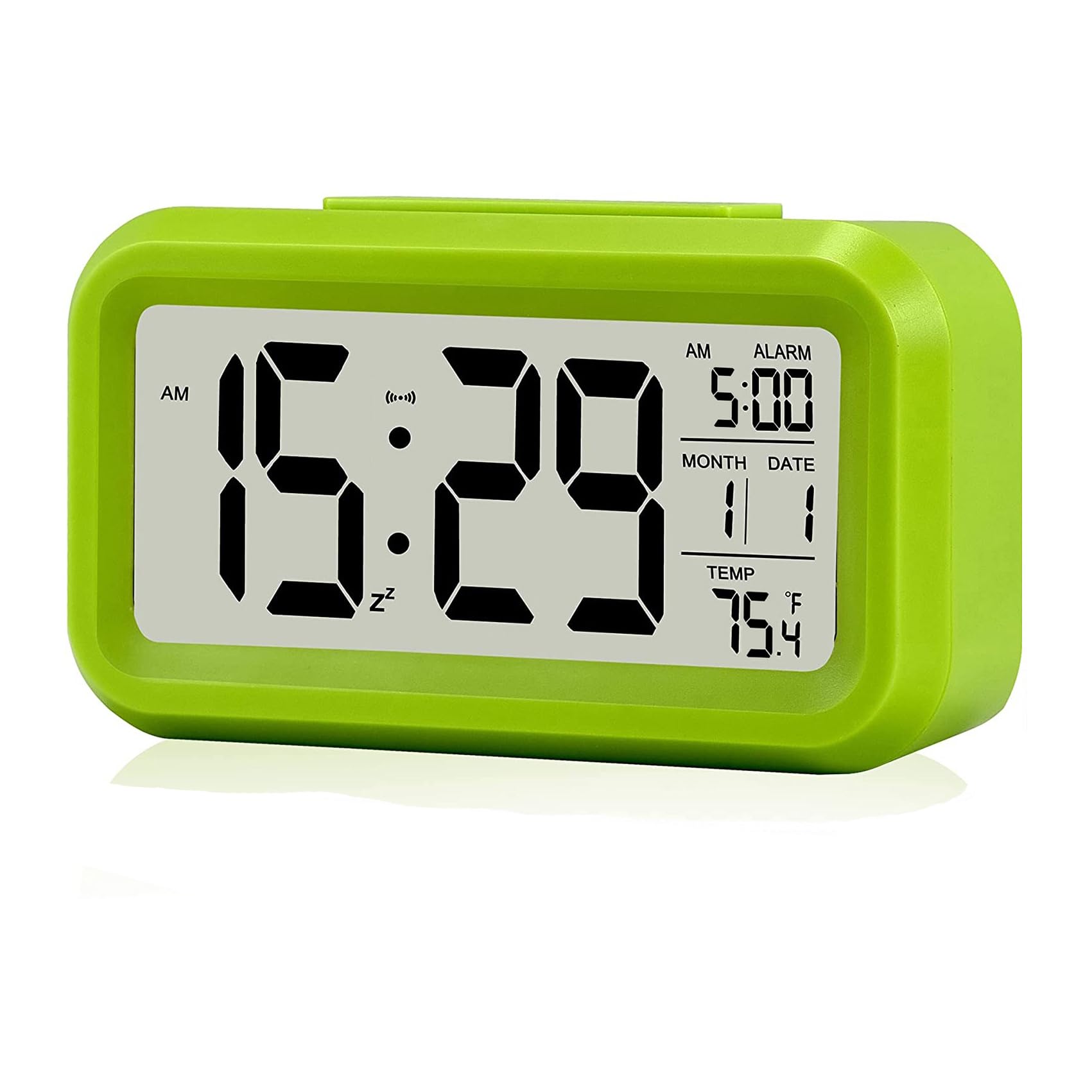 QKUDNGHY Digital Alarm Clock with LCD Display, Desk Smart Electronic Small Clock with Indoor Temperature, Date, Light Sensor, Backlight, Battery