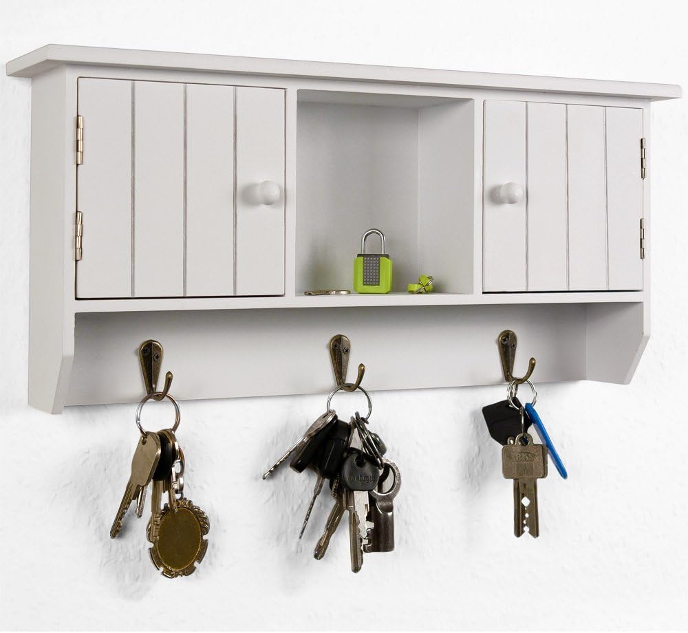 Key Cabinet Organizer Wooden Shelf Storage Wall Mountable Holder Hooks White