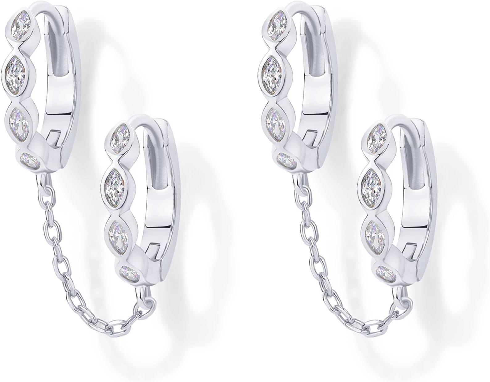 14K Gold Chain Earrings for Women | Double Piercing Dangle Chain Huggie Hoop Earrings | Cubic Zirconia Pearl Stud Ear Cuff Earrings for Women