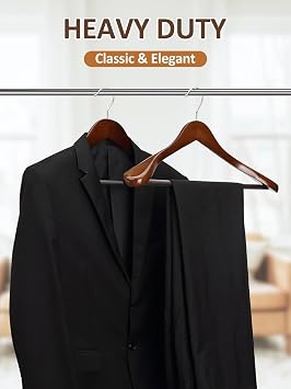 AMKUFO Wide Shoulder Wooden Hangers 8 Pack Coat Hanger with Non Slip Pants Bar, Heavy Duty Suit Hanger Wood Clothes Hangers with Smooth Finish 360 Swivel Hook for Sweater Jackets Shirts Walnut
