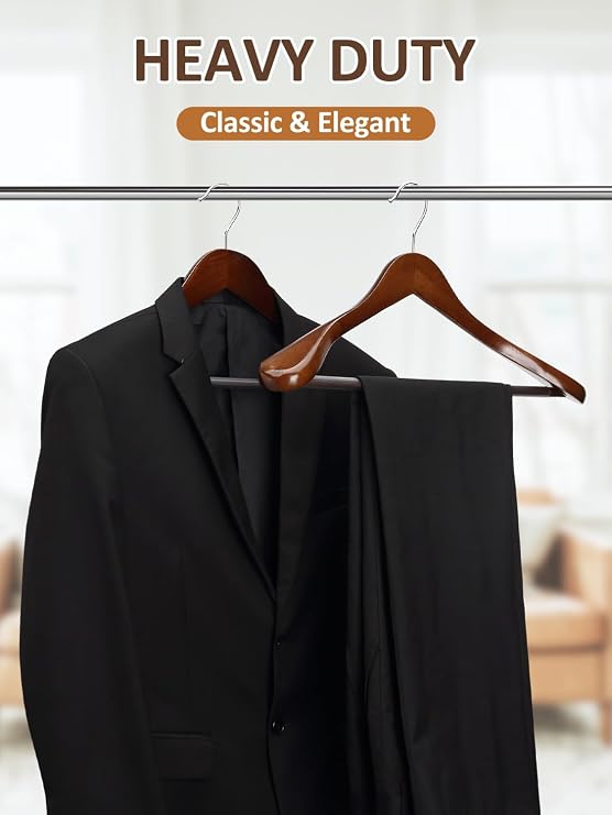 AMKUFO Wide Shoulder Wooden Hangers 8 Pack Coat Hanger with Non Slip Pants Bar, Heavy Duty Suit Hanger Wood Clothes Hangers with Smooth Finish 360 Swivel Hook for Sweater Jackets Shirts Walnut