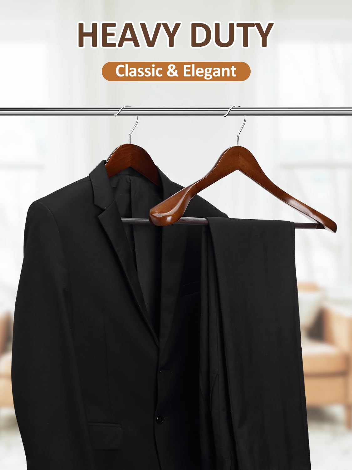 AMKUFO Perchas de madera de hombro ancho, paquete de 8 perchas con barra antideslizante para pantalones, perchas de madera resistentes con acabado suave, gancho giratorio de 360° para suéter, chamarra