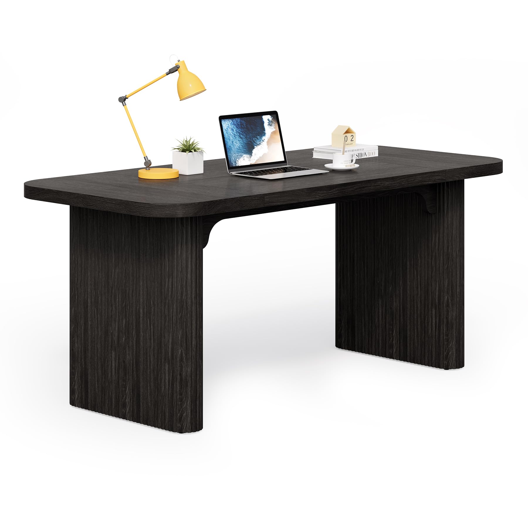LITTLE TREE 62-Inch Computer Desk, Large Simple Writing Desk with Fluted Double Pedestal, Modern Home Office Desk, Wooden 5 Ft Small Conference Meeting Seminar Table, Charcoal Black