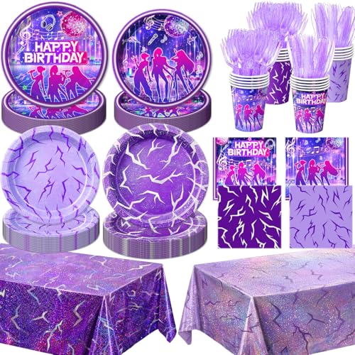 122 PCS Pop Music Party Decorations Include Plates, Napkins, Cups, Knives, Forks & Holographic Tablecloths for Fans Girl's Music Dance Birthday Decorations, Serves 20