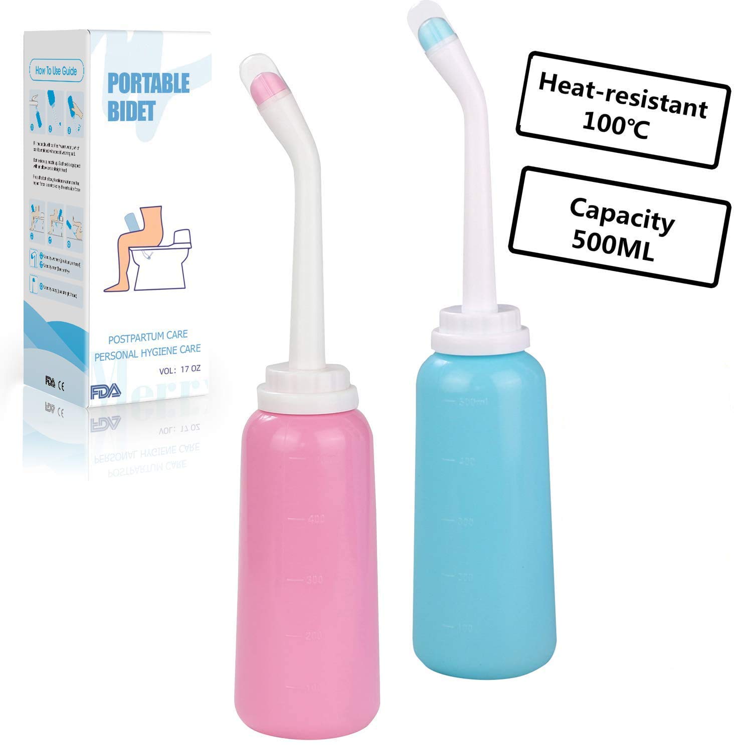 2PCS-Pack Portable Bidet for Toilet - 500ml Travel Bidet Sprayer- Handheld Bidet for Travel - Peri Bottle for Postpartum Care - Perineal Recovery After Birth - with 2 Nozzles for Different Needs