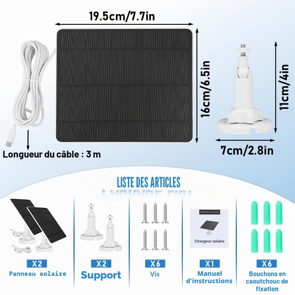Lot de 2 Panneau Solaire 5W pour Caméra de Sécurité, Panneaux Solaires pour Caméra WYZE Battery Cam Pro, caméra Eufy et caméra Arlo Essential Spotlight/XL Spotlight, avec port Micro USB, DC, Type-C,