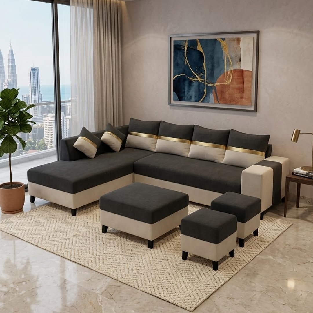 Stolvon Velvet-Suede Fabric 8 Seater LHS Sofa Set (Dark Gray - Cream) | with 2 Ottomans & Centre Table | Comfortable & Spacious Seating | Modern Sofa Set for Living Room-image-11