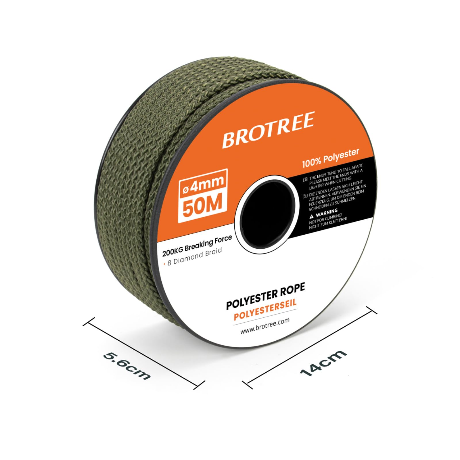 Brotree Polyester Rope 4mm x 50m Army Green - Diamond Braided Rope Cord Low Stretch - 200KG Breaking Load - Image 2